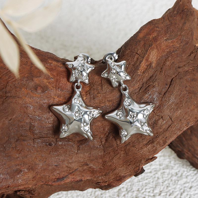 Luxury Full Rhinestone Pentagram Pendant Earrings For Women Exaggerated Double Layer Star Earrings Birthday Party Jewelry