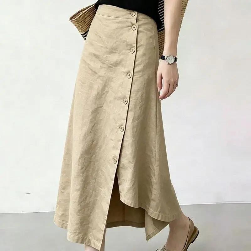 Damen S Grauer Unregelmäßiger Knopf Schlitz A-Linie Midi-Rock