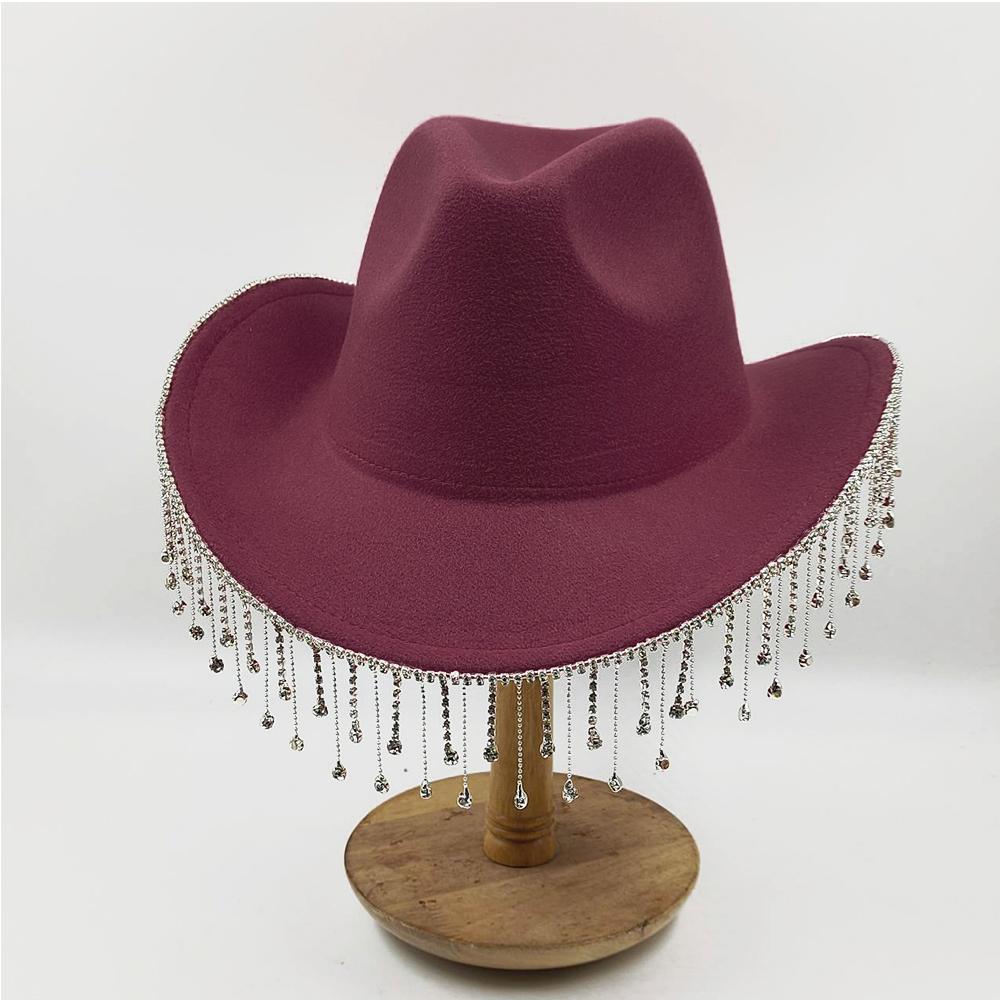 Women Rhinestone Tassel Decor Wide Brim White Fedora Hat For Party Cap Handmade Rhinestone Fringe Cowgirl Hat Wholesale