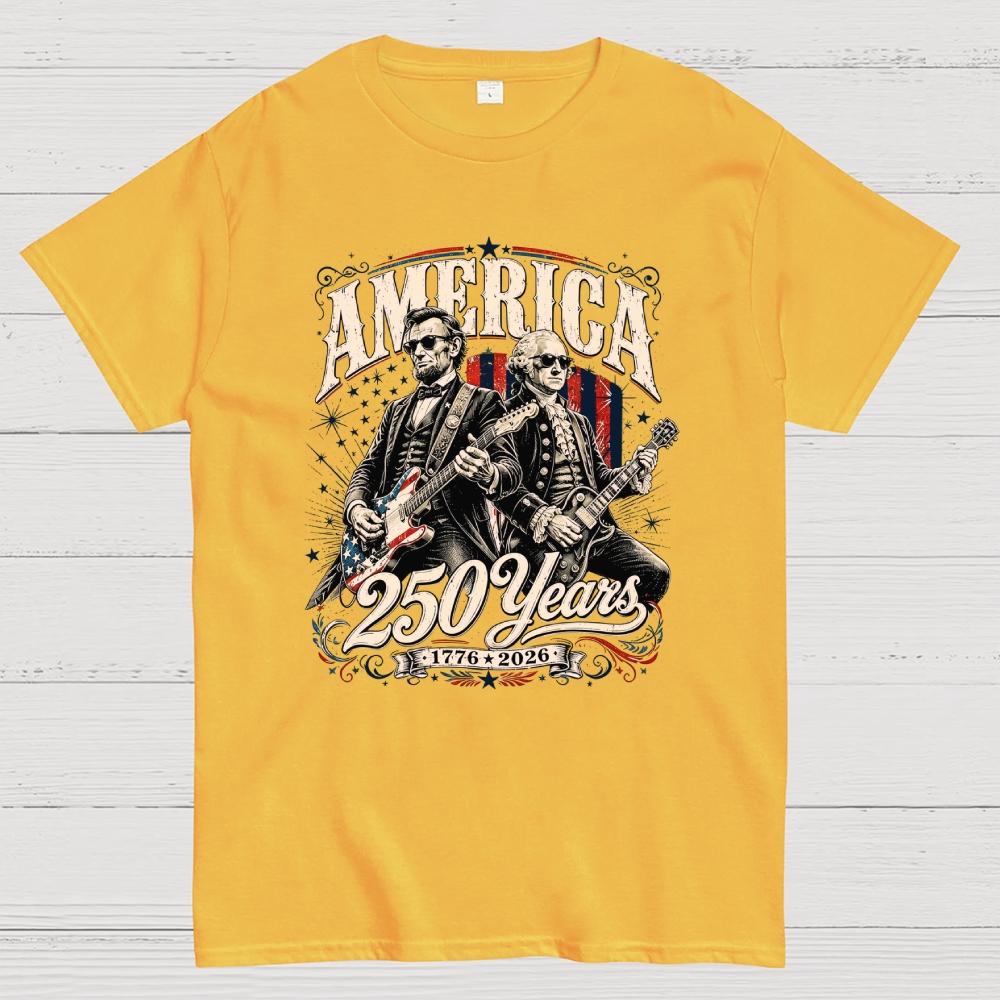 250 Years America Anniversary George Washington & Lincoln Playing Guitar Funny 4th of July Cotton Casual Cool Loose T-Shirt