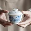 Antique Blue White Porcelain Gaiwan Hand Painted Jasmine Flower Ceramic Chinese Gongfu Tea Set Home Brewing Lidded Tea Bowl