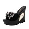 Fashion 2025 Womens Slippers Creepers Shoes Platform Bowknot Rhinestones Crystal Wedge Super 13CM High Heel New Summer Hollow Black