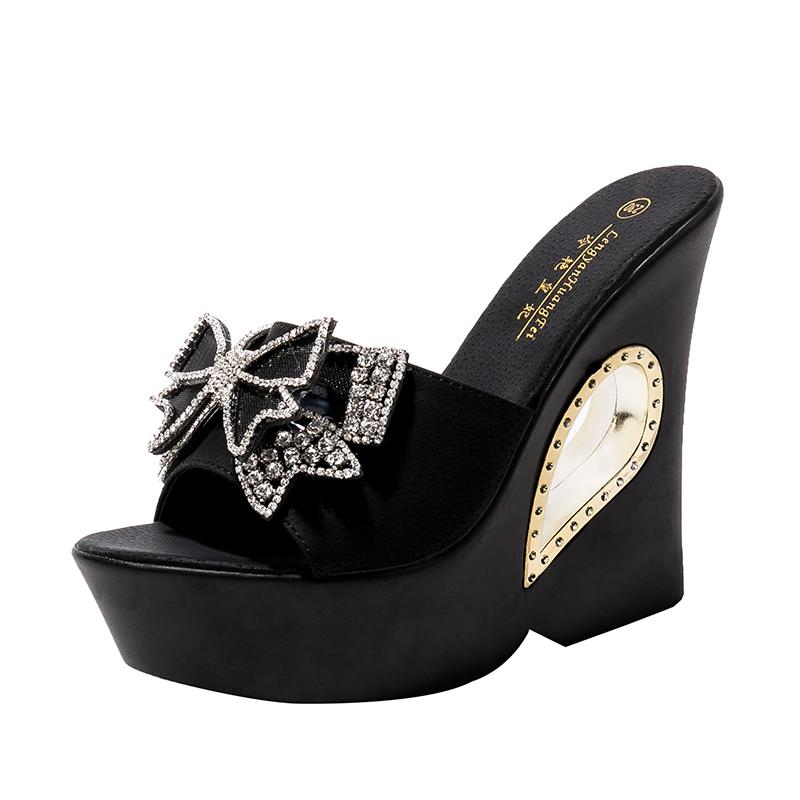 Fashion 2025 Womens Slippers Creepers Shoes Platform Bowknot Rhinestones Crystal Wedge Super 13CM High Heel New Summer Hollow Black