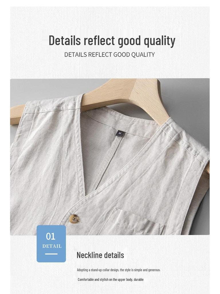 Men's Loose-Fit Japanese Style Linen-Cotton Vest - Trendy, Casual V-Neck Sleeveless Top In Plus Size