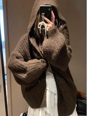 Cardigan pull en laine d'alpaga vintage pour femme Automne/Hiver Manches longues Tricot épais Style ample décontracté Haut
