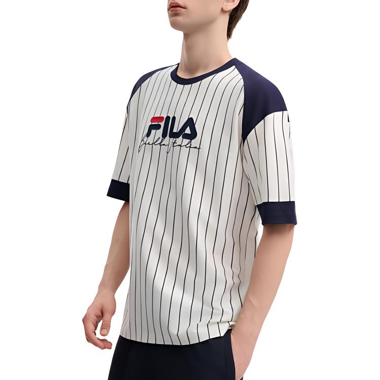 Fila Original American Color Block Breathable Striped Logo Print Fitted Short Sleeve T-Shirt Men Tops Cloud-White F11M439111F-WT