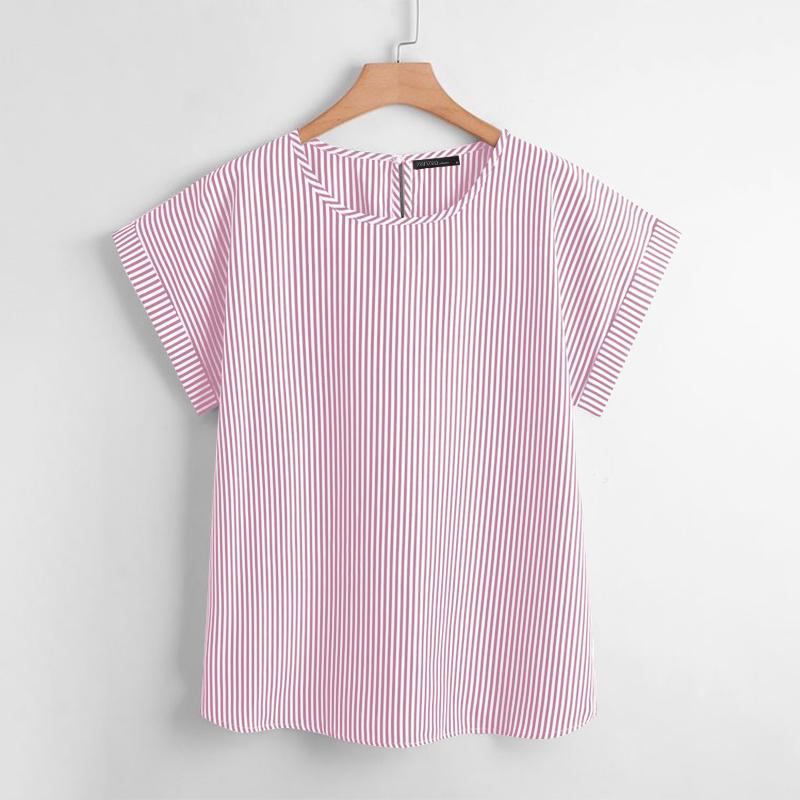 

ZANZEA Женская повседневная свободная блузка в полоску с круглым вырезом и короткими рукавами S розовый