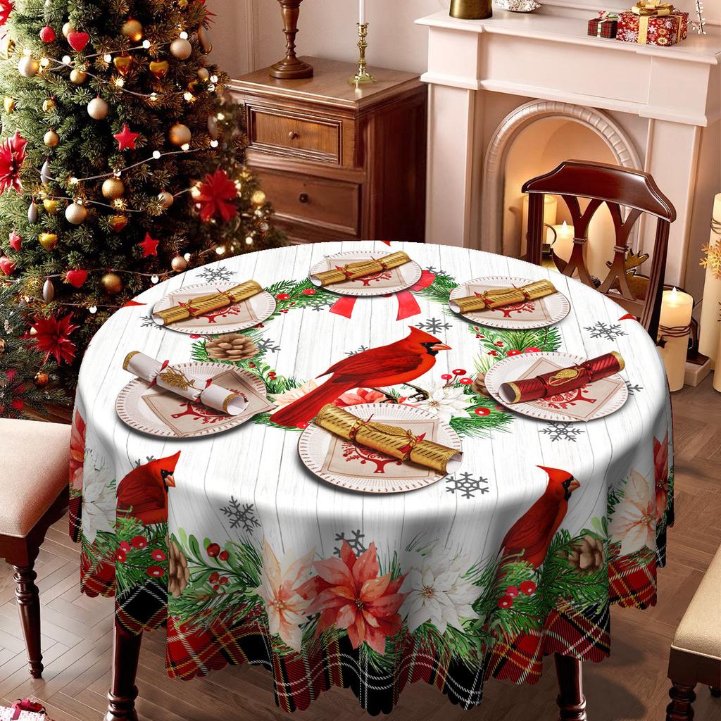 Christmas Rectangle/Round Tablecloth, Country Cardinal Wreath Waterproof Tablecloth, Warm Winter Festival Table Decorative Cloth