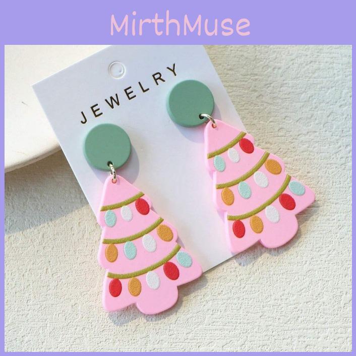 Geometric Floral Delightful Pink Christmas Tree Ear Studs For Celebrations Joyful