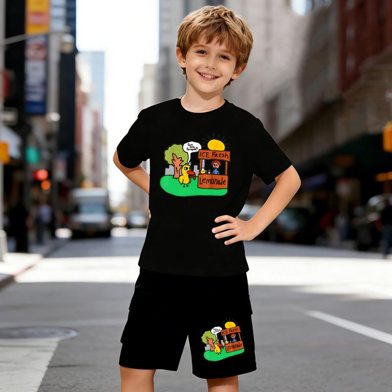 

Boys 2 Piece World Lemonade Stand Pattern Print Outfit, Short Sleeve T-Shirt and Shorts Set for Kids Age 5-14, White Sporty Casual Summer Clothes 5-6 Years чёрный