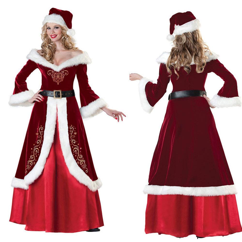 OSC Women's Santa Dress, Hat, Belt, Long Sleeve Dress, Long Skirt, Santa Claus Costume