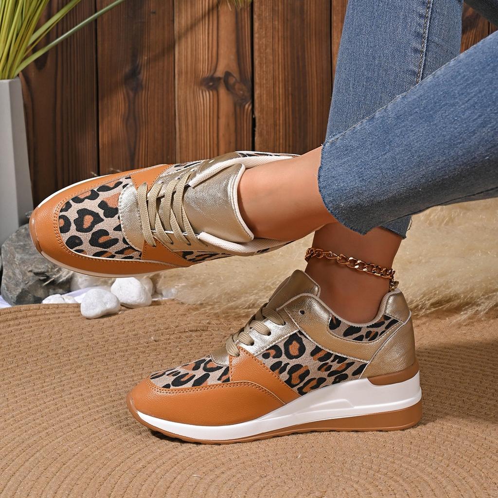 24 autumn leopard print sports single shoes women's round head lace-up wedge heel platform shoes casual large size women's shoes