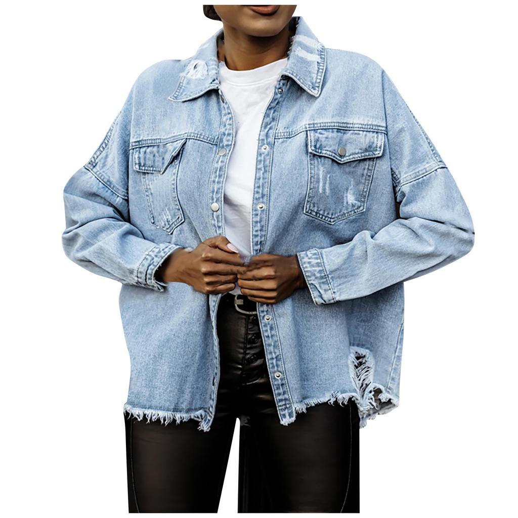 Damen Herbst und Winter Freizeitmode Lose Langarm Waschen Denim Mantel