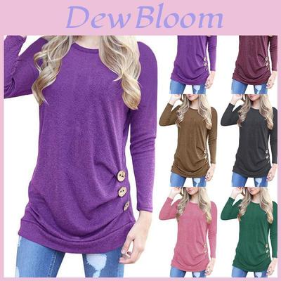 Fashion Women Long Sleeve Casual Blouse Stylish Tunic With Brown Button Accents