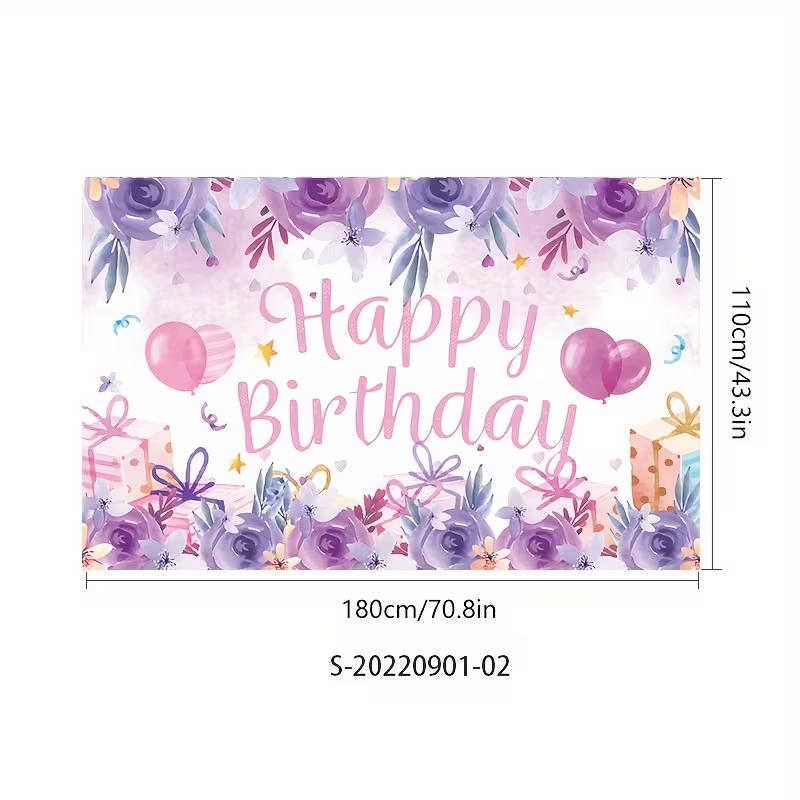 

2D Purple Watercolor Floral Photography Backdrop, Happy Birthday Photo Background with Flowers & Gifts 47.2x31.5inch/120*80cm