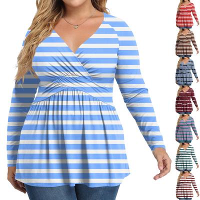 Women's Plus Size Shirt Long Sleeve  Print Top Pleated Casual V-Neck Top