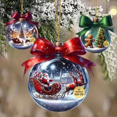 2D Christmas Ball Hanging Ornaments Wooden Ball Christmas Tree Ornament with Snow Scene for Winter