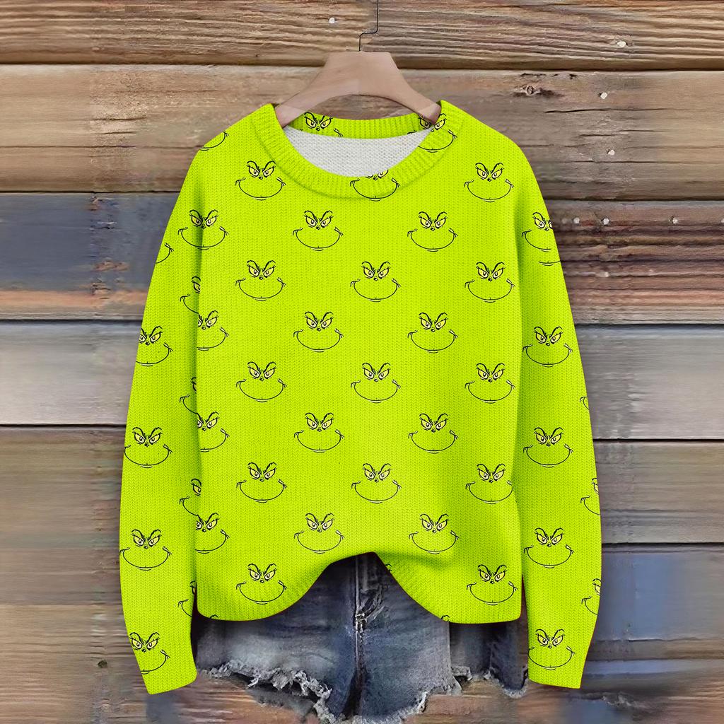 Long Sleeve Pullover Sweaters For Women O Neck Casual Cute Printing Knit Oversized Sweater