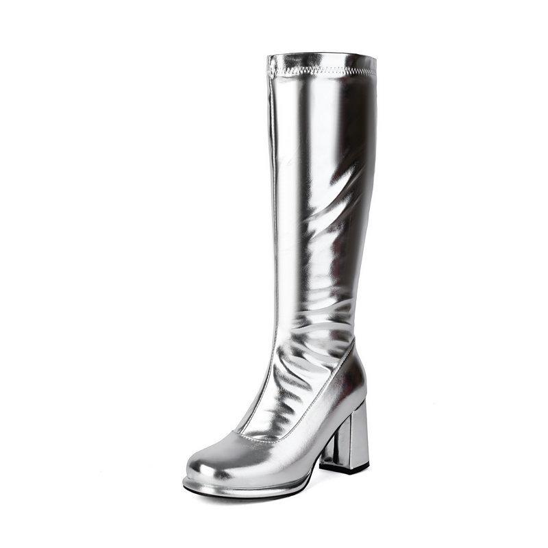 Women's Tall Boots Glossy Patent Leather Round Head Waterproof Table Thick Sole Thick Heel High Heel Side Zipper But Knee Boots Elastic