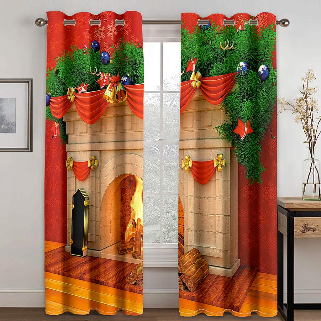 Christmas Decoration Curtain 3D Cartoon Santa Claus Christmas Tree Polyester Cloth Curtain Snowman Pattern Festive Atmosphere