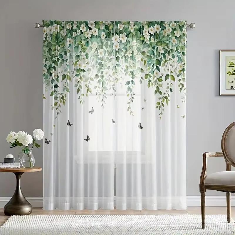 2PCS floral and butterfly flat printed transparent curtains, perfect for bedrooms, living rooms, dining rooms, and bathrooms