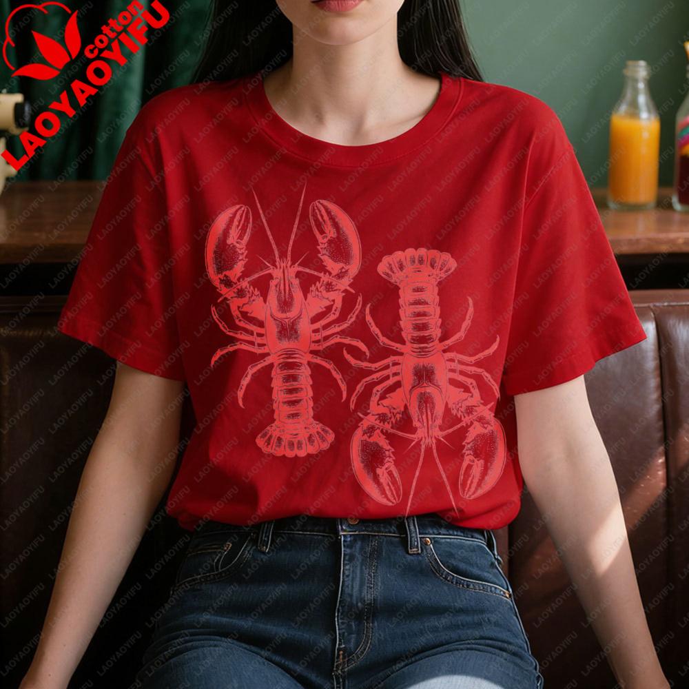 Lobster Print Vintage Tshirt Oneck Casual Fashion Summer Clothing Lobster Lover Gift Shirt Unisex Daily Life Cotton Short Sleev