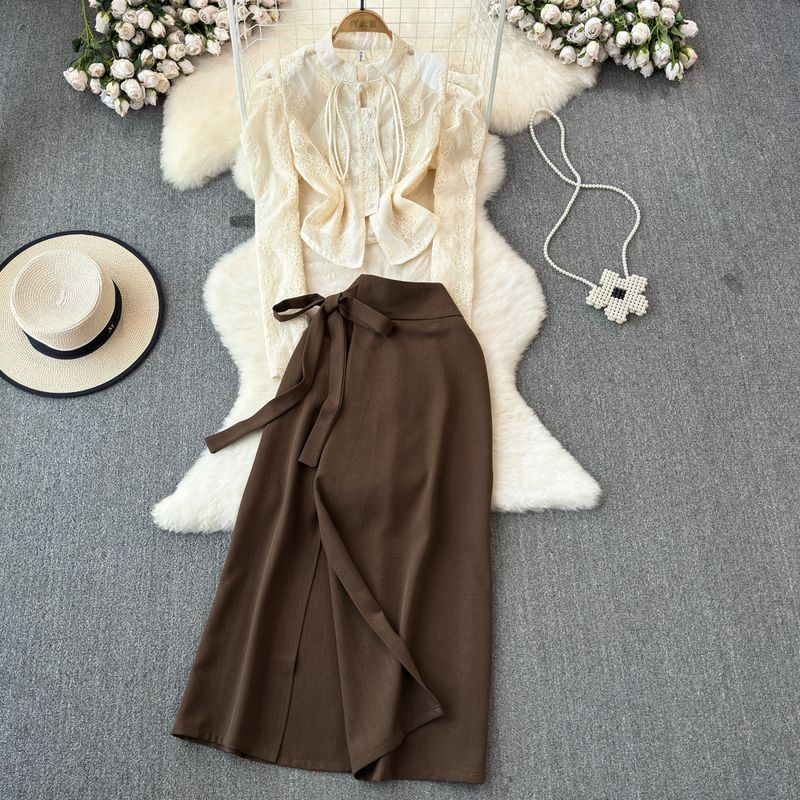 

Heavy Embroidery Flower Texture Plaid Shirt Summer New Arrival Temperament Bandage Skirt Fashion Two-Piece Suit Women Apricot Tops + coffee skirt S