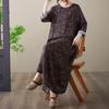 Plus Size Holiday Dress: Cotton & Linen Print, Round Neck, Loose Fit, Long Sleeve