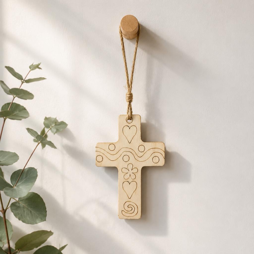 Wooden Cross Pendant with Engraved Patterns and Natural Twine Cord Handmade Wooden Cross Charm for Crafting and Decoration