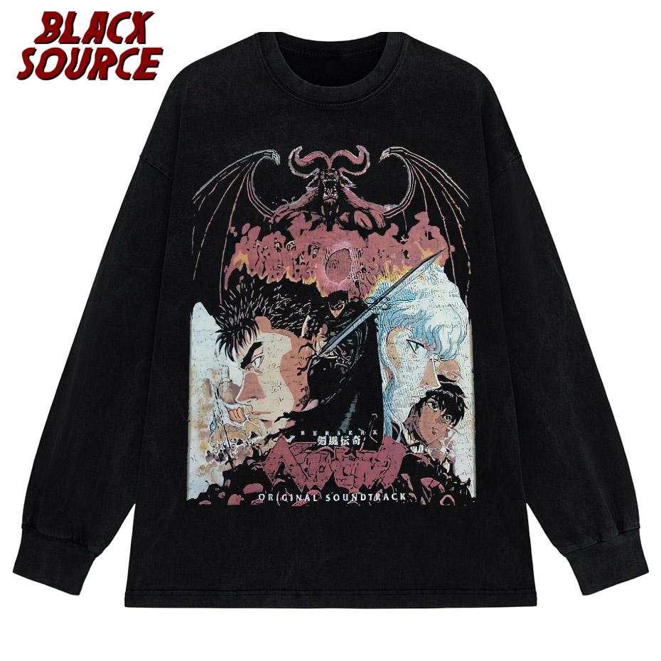 Black Source ANIME MANGA VINTAGE WASH UNISEX TSHIRT Octopus Men Harajuku TShirt Japanese Style