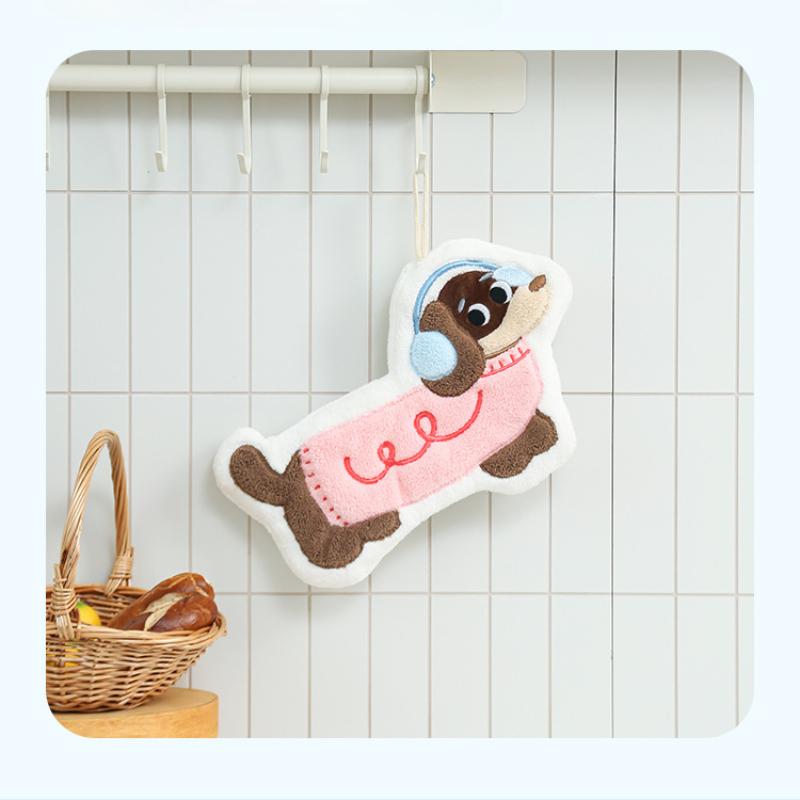 Hanging Style, Thickened, Super Absorbent, Cute Cartoon, Hand Towel, Coral Fleece, Small Square Towel, Dual-use for Kitchen and Bathroom