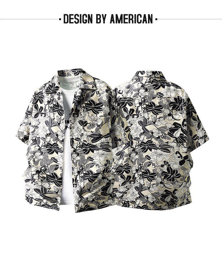 Black & White Tropical Leaf Print Cuban Collar Short Sleeve Shirt - Trendy Hong Kong Style Loose Casual Top