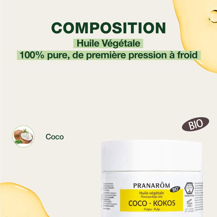 Huile Végétale Coco Bio - Pranarom - 100ml - Vegan - Nourrissante - Soin Cheveux et Peau