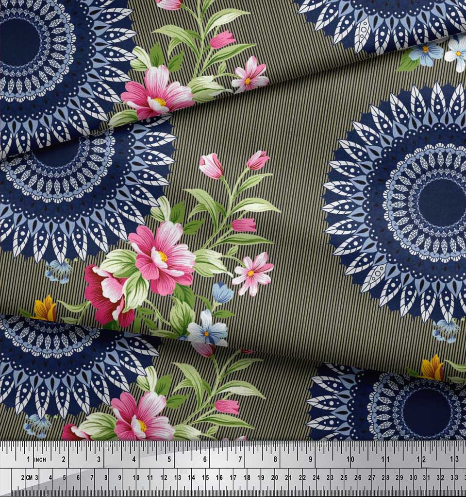 Soimoi Brown Poly Crepe Fabric Stripe|Floral & Mandala Print Sewing Fabric BTY 42 Inch