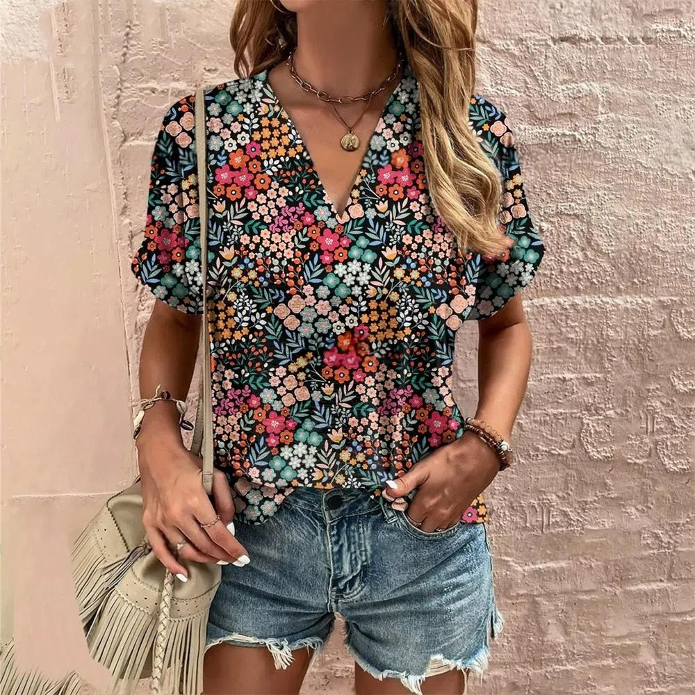 S-8XL Plus Size Crushed Flower Casual T Shirts Streetwear Casual Women's Short Sleeve Tops Tees V Neck T-shirt Fashion Clothing