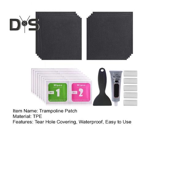 1 Sada na opravu trampolíny s čtvercovou záplatou, škrabkou, lepidlem, stěrkou, rukavicemi, voděodolná samolepicí záplata na zakrytí trhlin a děr na trampolíně