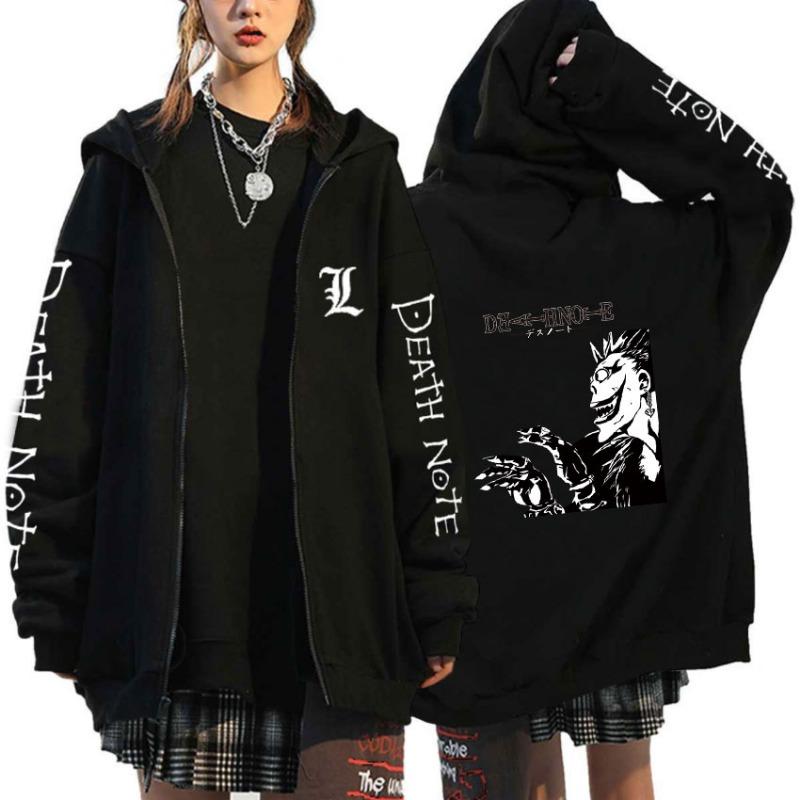 Japan Anime Death Note Lynlås Hættetrøjer Gotisk Herre Tegneserie Misa Amane L Ryuk-Grafik Streetwear Sort Fleece Lynlås Jakke Frakker