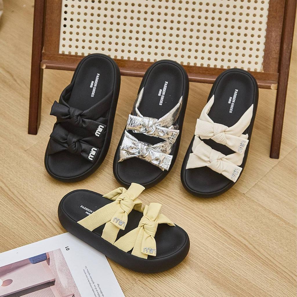 2025 new thick-soled cool slippers for women's fashion and versatile bow open-toed women's casual one-word slippers trendy shoes