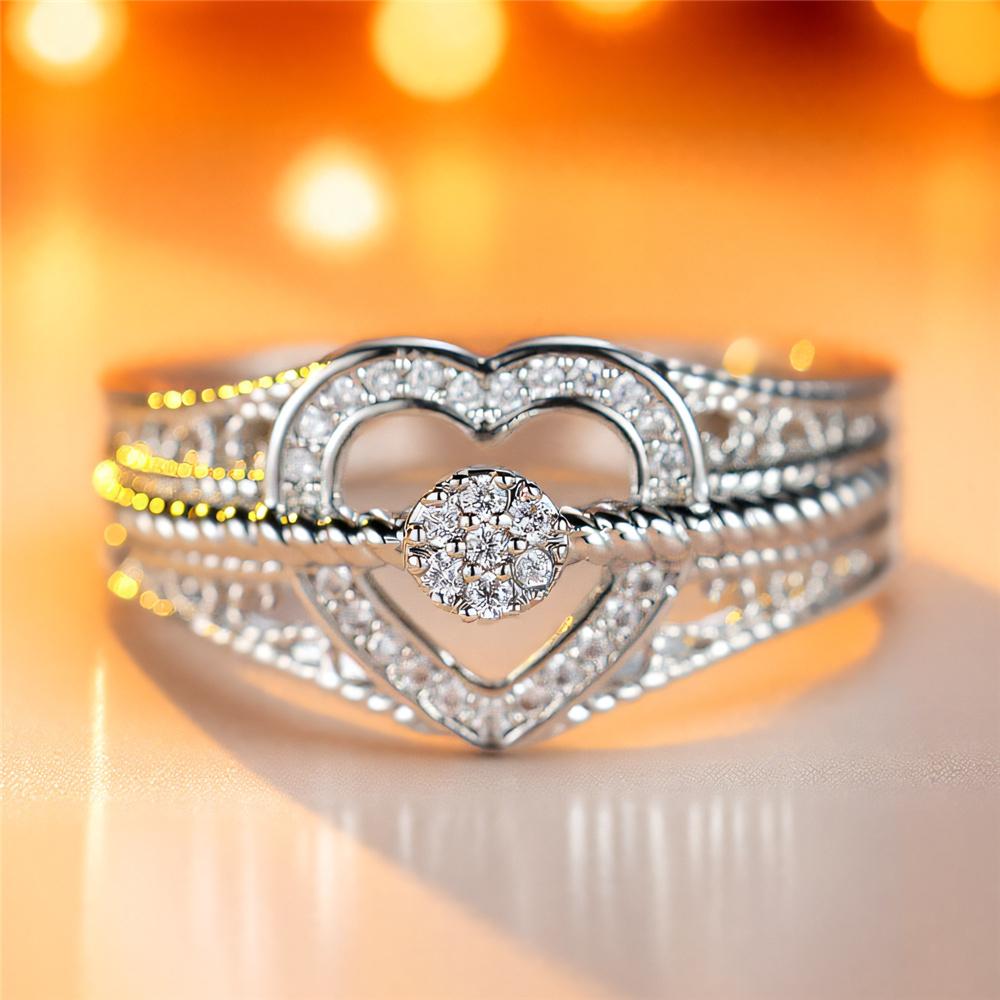 Cute Female White Zircon Stone CopperColor Wedding Jewelry Promise Engagement Love Heart Rings For Women