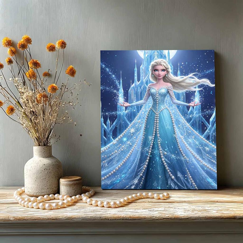 Castello di Ghiaccio Illuminato dalla Luna Elsa Nuova Arte Senza Cornice Intarsiata di Perle | Artigianato di Perle Fatto a Mano, Tema Castello di Ghiaccio Stellato, per Elegante Decorazione di Lusso Frozen