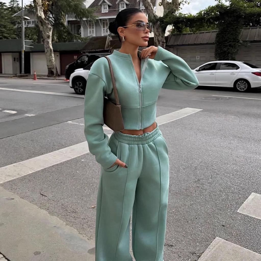 European Casual Women's Sexy Zipper Cardigan & Lace-Up Pants Set - Spring/Autumn Wear