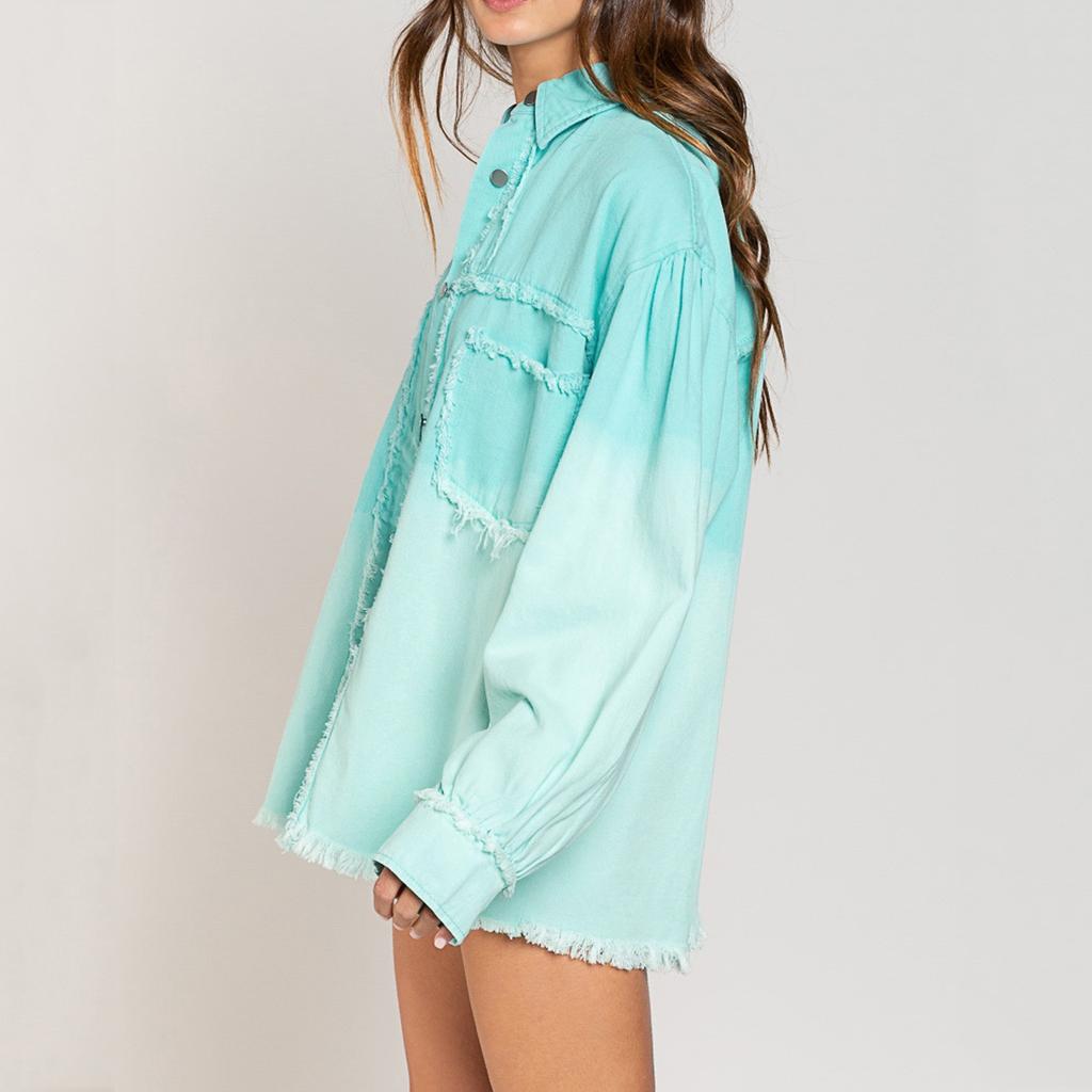 Women Loose Casual Denim Jacket Female Jacket Tie-Dye Trim Tassel  Long Sleeve  Coat With Pockets