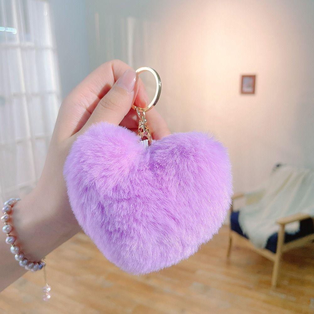Love Heart Plush Bag Pendant Fluffy Ball Car Key Ring Imitation Rabbit Fur Solid Color Key Chain Bag Accessories