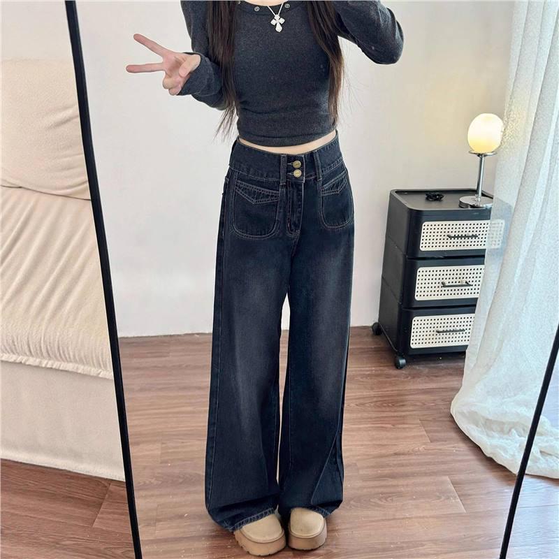 Women s Retro High-Waist Wide-Leg Jeans - Autumn/Winter Plus Velvet, Thickened, Slimming, Floor-Length. Extra Small