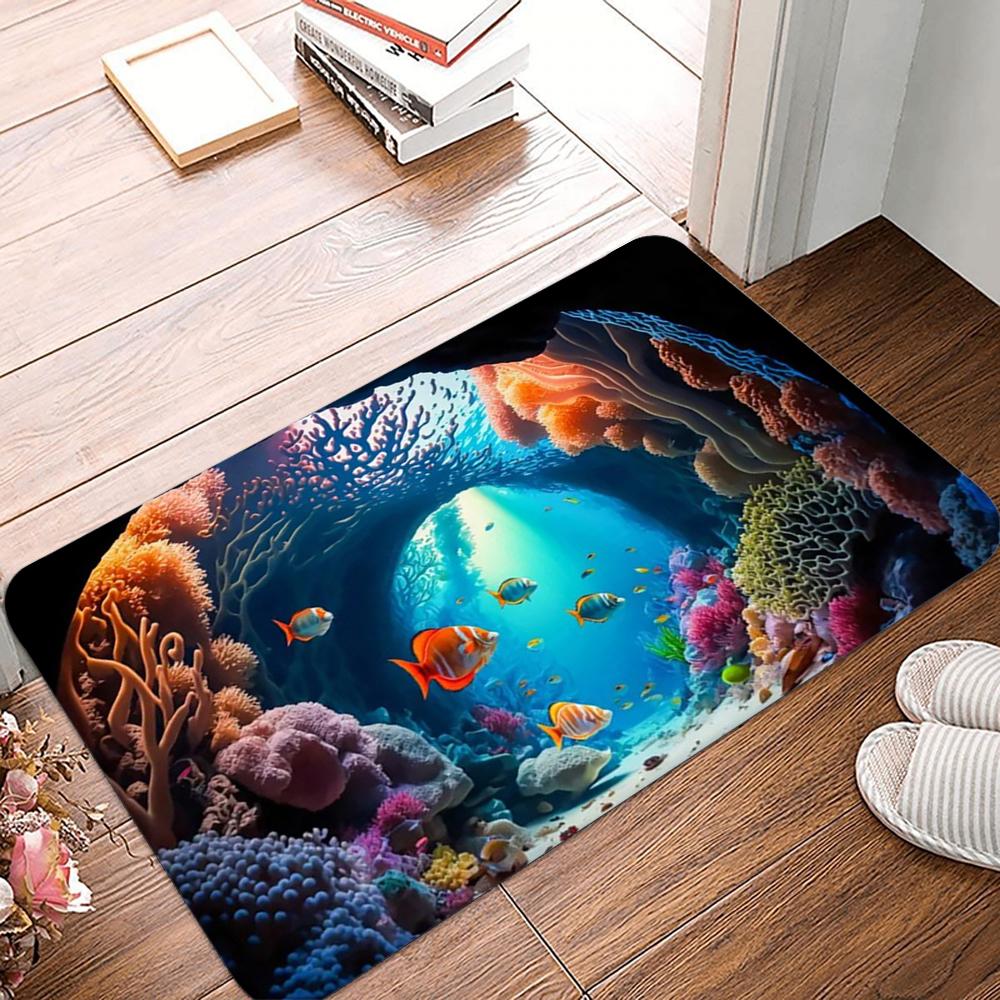Underwater Canyon Door Mat Dolphins Tropical Fish Non-slip Entrance Rug for Home Decor Living Room Bedroom Lively Decoration