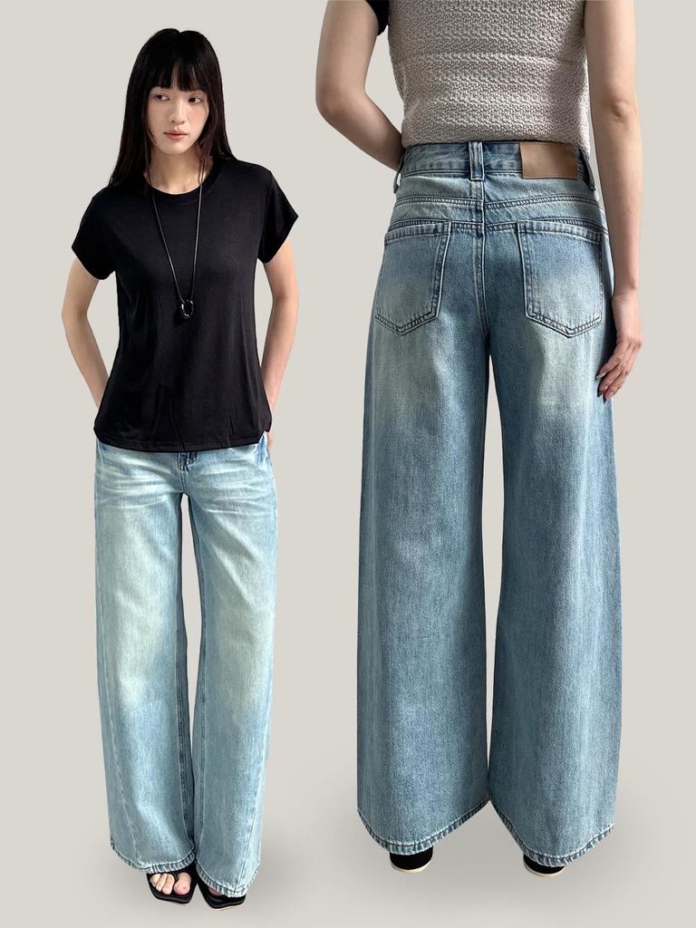 Yuyi Women's Retro High Waist Loose Wide Leg Jeans, Floor-Length, Slimming Washed, Spring 2026 Style, Model C8187
