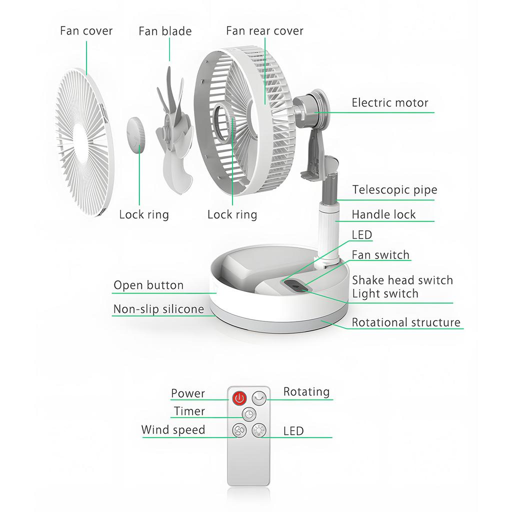 9-inch Portable   Fan 10800mAh Battery Type-C Rechargble Oscillating Standing Fan with LED Night Light Remote Control Telescopic 4 Speed Quiet 