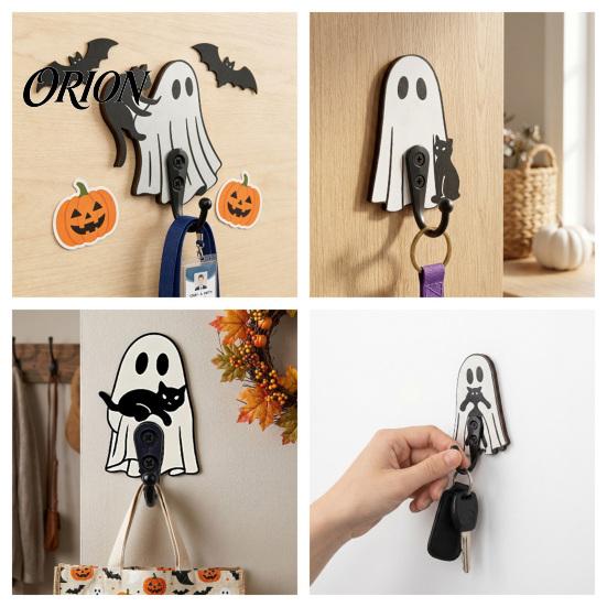 Halloween Home Decorations Ghost Cat Wooden Hanging Hook for Keys Hats, Decorative Cute Pumpkin Wall Hooks Hanger, Living Room Bedroom Entryway