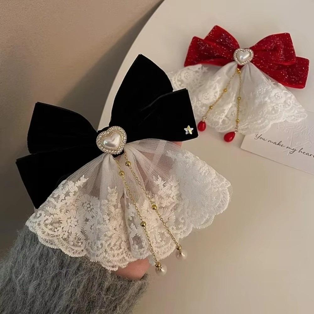 Lace Elegant Hair Clips Elegant Ribbon Bowknot Hair Clips Sweet Lace Hair Accessories  Daily Wear