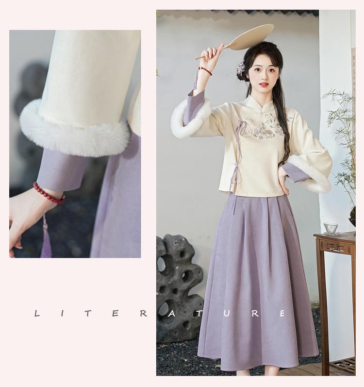 Autumn & Winter Retro Embroidered Deerskin Tang Suit: Women’s Improved Hanfu Tea Suit